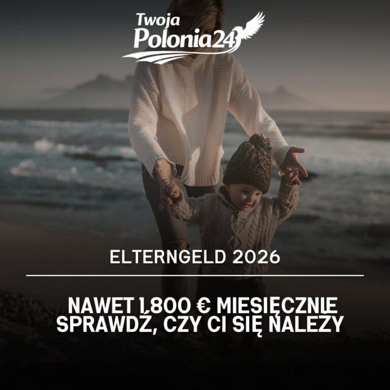 Elterngeld 2026 w Niemczech – mama z dzieckiem, grafika TwojaPolonia24 o świadczeniu do 1.800 € miesięcznie dla rodziców