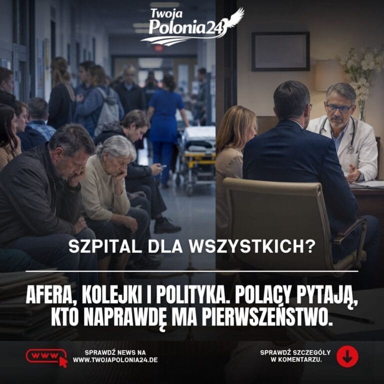 Afera szpitalna w Polsce, pacjenci czekający w szpitalnym korytarzu, lekarz, dokumenty i polityczne napięcie wokół ochrony zdrowia