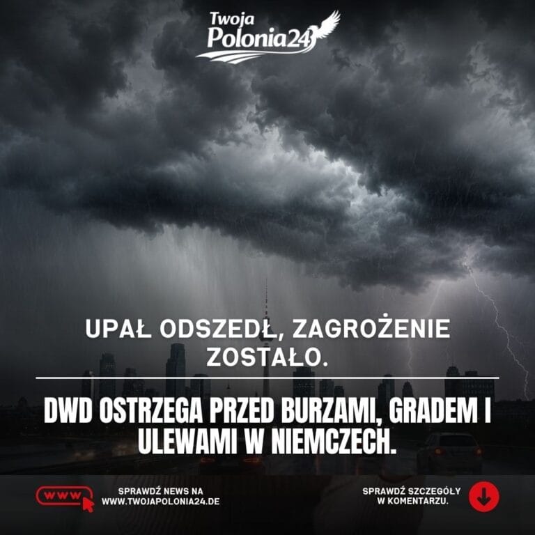 Burze w Niemczech po rekordowym upale, ciemne chmury nad miastem, ulewa i silny wiatr