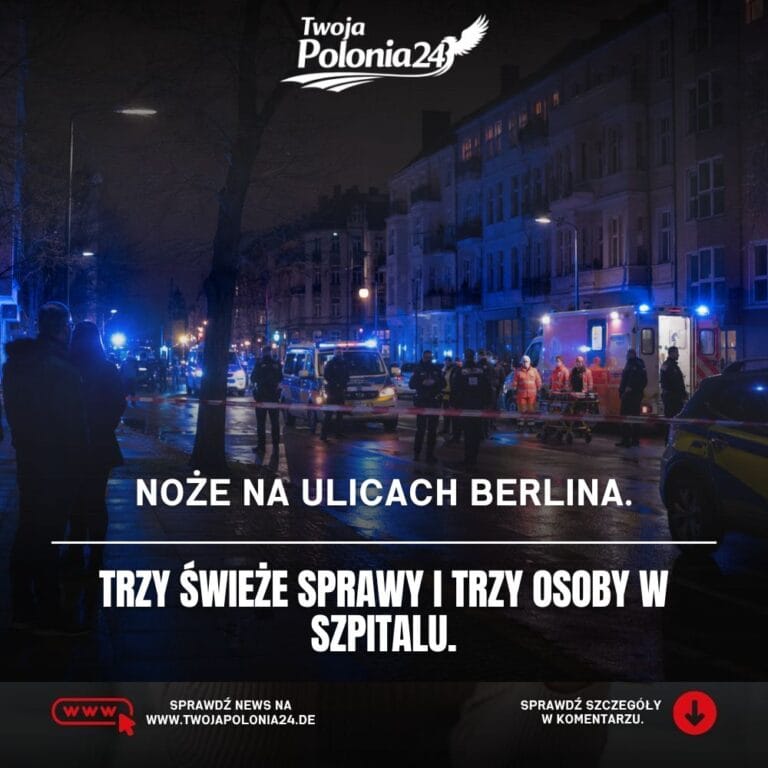 Noże w Berlinie, policyjna taśma na nocnej ulicy, radiowozy i miejsce zabezpieczone po ataku