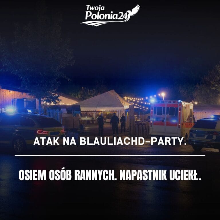 Funkcjonariusze Bayerische Polizei prowadzą działania na terenie Blauliachd-Party w Egling po nocnym ataku.