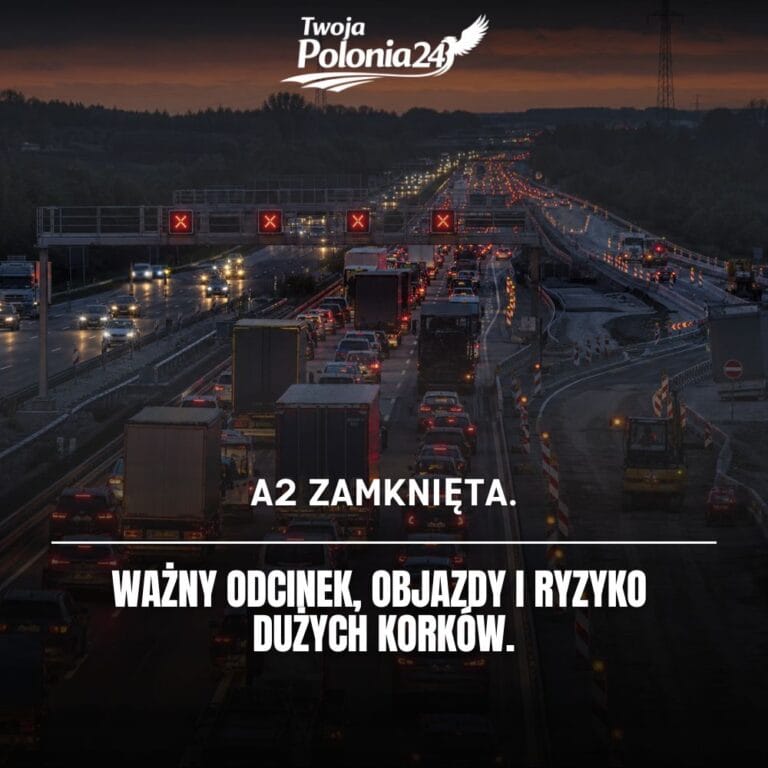 Autostrada A2 w Niemczech zamknięta, korek samochodów i czerwone sygnały nad pasami ruchu