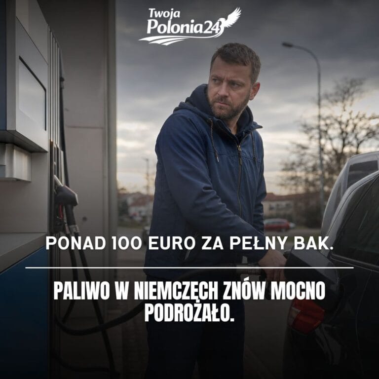 Kierowca na stacji, cena paliw w Niemczech patrzy z niepokojem na dystrybutor podczas tankowania samochodu.