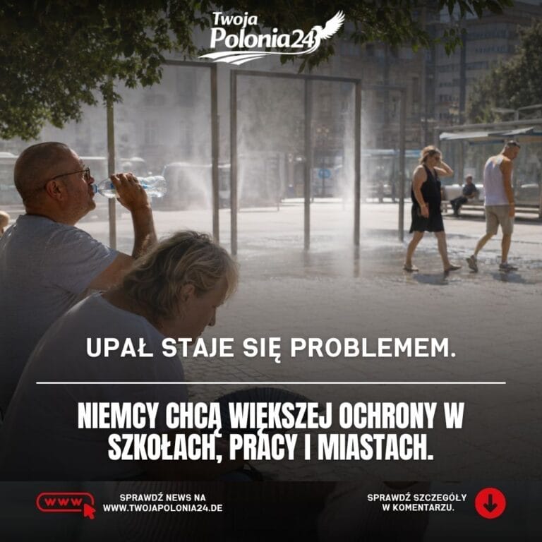 Ochrona przed upałem w Niemczech, przegrzane miasto i ludzie szukający cienia w czasie fali upałów