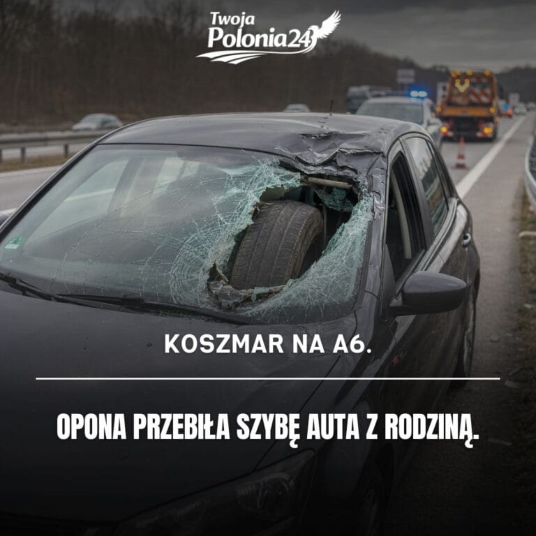 Opona na A6 przebiła szybę samochodu, uszkodzone auto stoi na poboczu autostrady