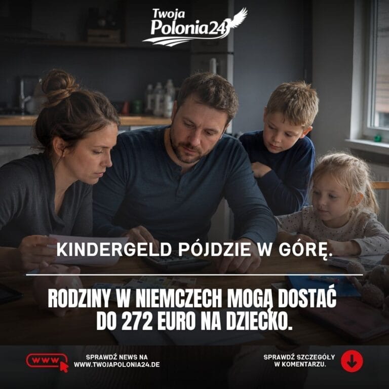 Podwyżka Kindergeld w Niemczech, rodzina z dzieckiem przy stole sprawdza domowy budżet i dokumenty Familienkasse