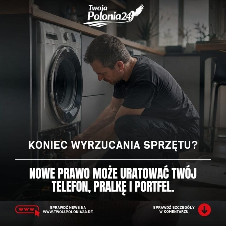 Prawo do naprawy w Niemczech, zepsuty telefon, pralka i lodówka na ciemnym tle