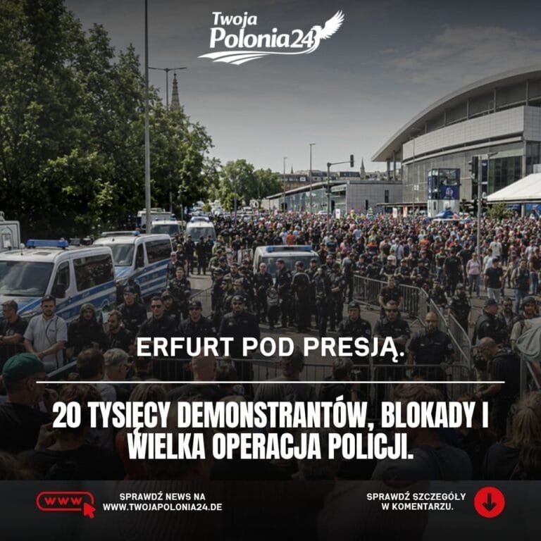 Protesty przeciw AfD w Erfurcie, tłum demonstrantów i policja zabezpieczająca okolice Messe Erfurt