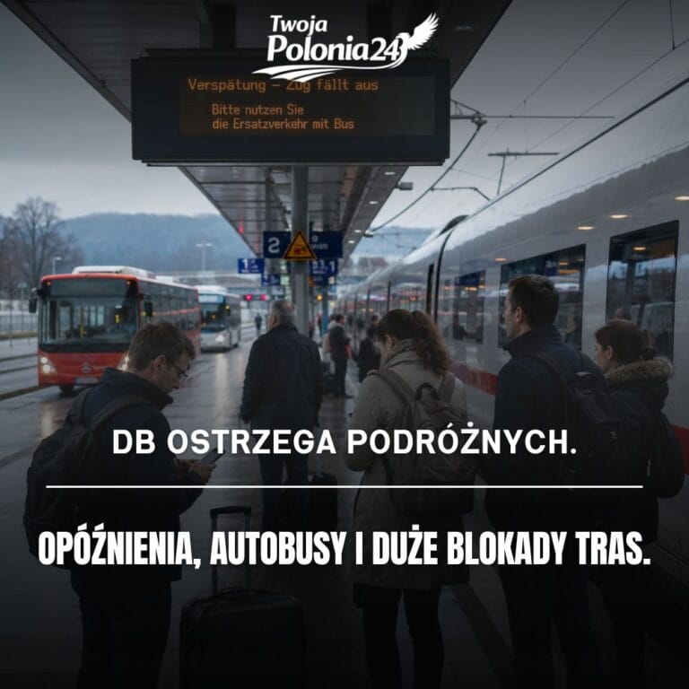 utrudnienia kolejowe w Niemczech, podróżni na dworcu Deutsche Bahn sprawdzają opóźnienia i autobusy zastępcze