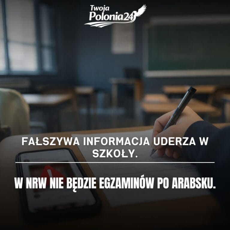 W NRW nie będzie egzaminów po arabsku, uczeń piszący sprawdzian obok telefonu z ostrzeżeniem przed fałszywą informacją