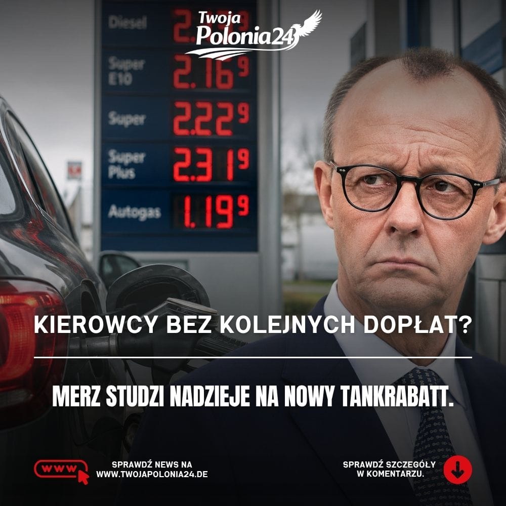 Dopłaty do paliwa w Niemczech. Friedrich Merz na tle stacji benzynowej i wysokich cen paliw. Grafika wygenerowana przez AI i ma charakter ilustracyjny.