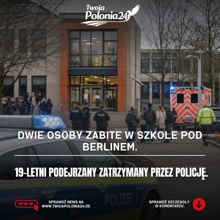 Dwie osoby zabite w szkole pod Berlinem. Realistyczna scena przedstawiająca niemiecką szkołę, policję i służby ratunkowe po tragicznym zdarzeniu. Grafika wygenerowana przez AI.