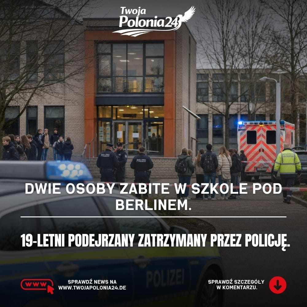 Dwie osoby zabite w szkole pod Berlinem. Realistyczna scena przedstawiająca niemiecką szkołę, policję i służby ratunkowe po tragicznym zdarzeniu. Grafika wygenerowana przez AI.
