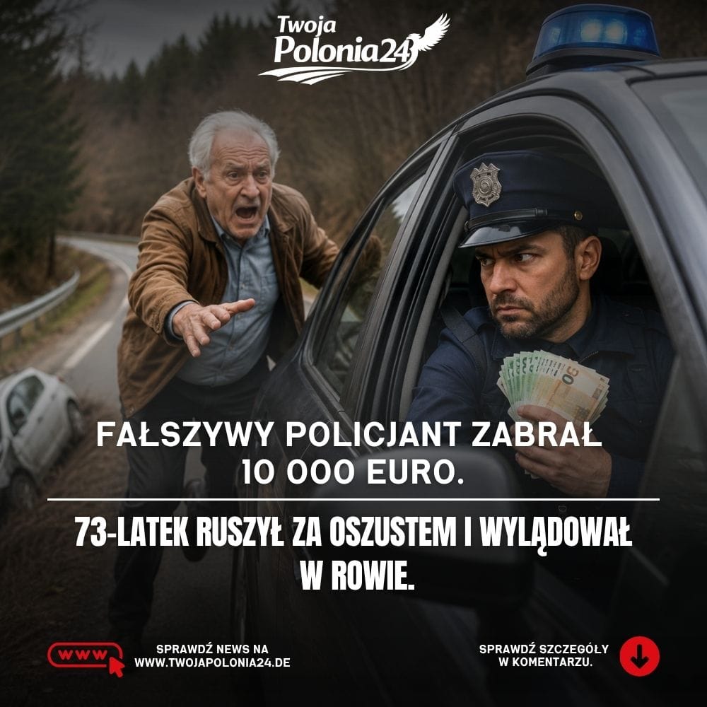 Fałszywy policjant w Niemczech wyłudził od 73-letniego seniora 10 000 euro. Ilustracja przedstawia starszego mężczyznę ruszającego za oszustem podszywającym się pod policjanta. Grafika wygenerowana przez AI.