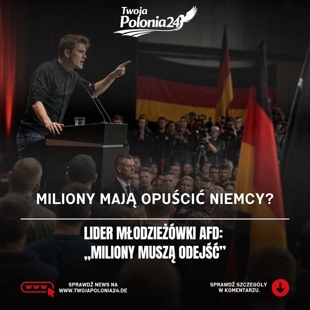 Miliony mają opuścić Niemcy? Polityczne przemówienie podczas wydarzenia w Niemczech na tle niemieckich flag. Grafika wygenerowana przez AI i ma charakter ilustracyjny.