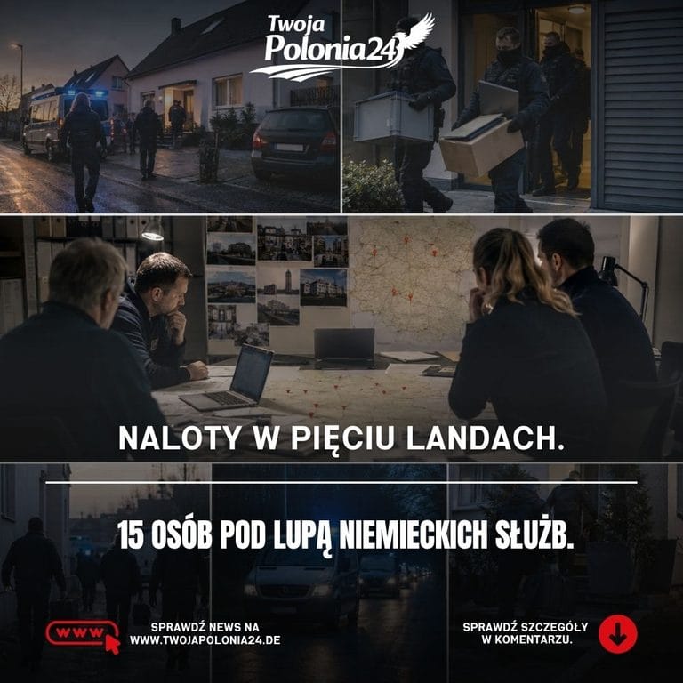 Naloty na Artgemeinschaft w Niemczech. Policjanci podczas przeszukań, zabezpieczania materiałów i działań prowadzonych w kilku landach. Grafika wygenerowana przez AI.