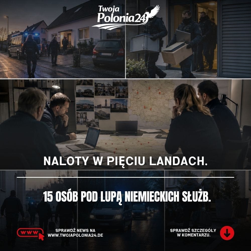 Naloty na Artgemeinschaft w Niemczech. Policjanci podczas przeszukań, zabezpieczania materiałów i działań prowadzonych w kilku landach. Grafika wygenerowana przez AI.

