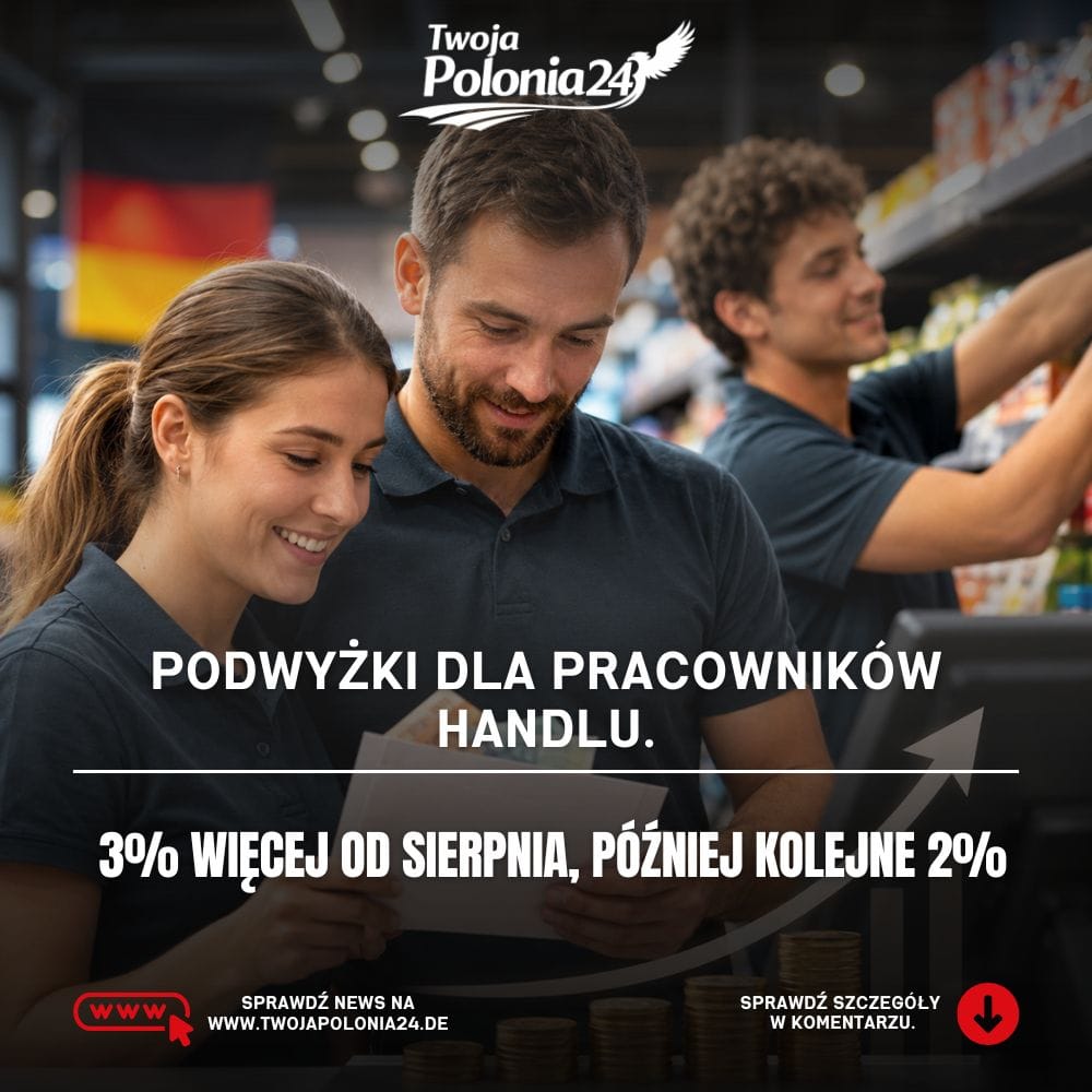 Podwyżki w handlu w NRW. Pracownicy sklepu cieszą się z wyższego wynagrodzenia po zawarciu nowego porozumienia taryfowego. Grafika wygenerowana przez AI.