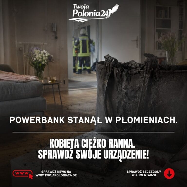 Spalony powerbank i nadpalona torba po pożarze w mieszkaniu w Niemczech
