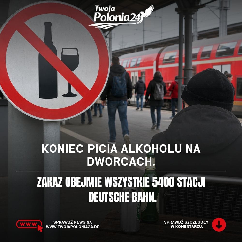 Zakaz alkoholu na dworcach w Niemczech. Realistyczna scena na peronie z zakazem spożywania alkoholu i pociągiem Deutsche Bahn w tle. Grafika wygenerowana przez AI.
