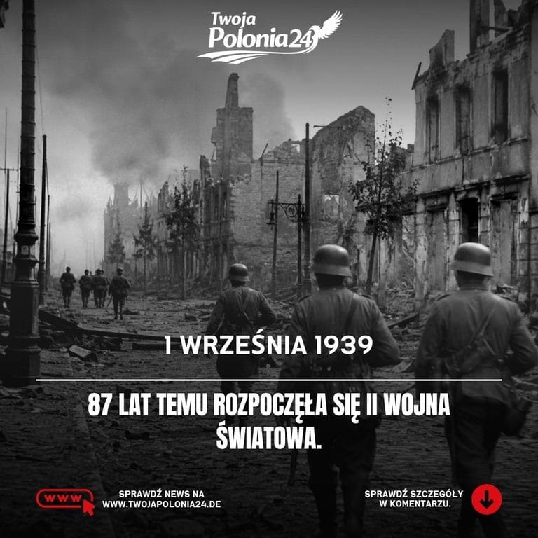 1 września 1939. Niemieccy żołnierze przemieszczają się przez zniszczone miasto podczas początku II wojny światowej. Grafika wygenerowana przez AI i ma charakter ilustracyjny.