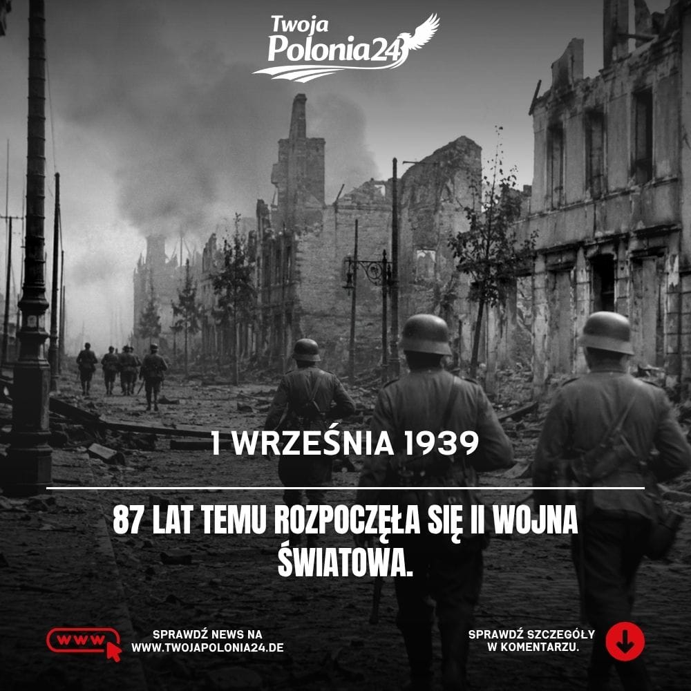 1 września 1939. Niemieccy żołnierze przemieszczają się przez zniszczone miasto podczas początku II wojny światowej. Grafika wygenerowana przez AI i ma charakter ilustracyjny.