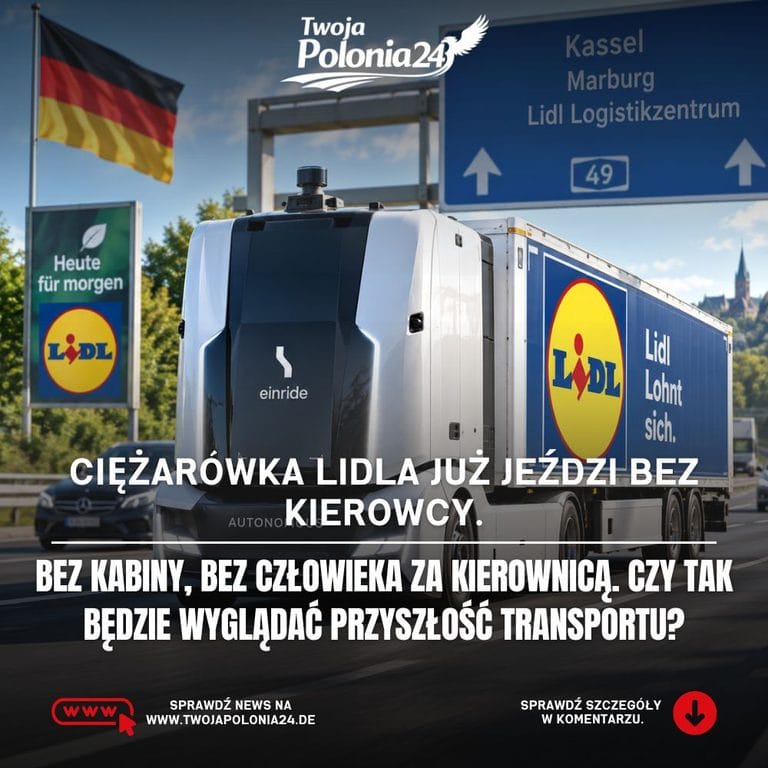 Ciężarówka Lidla bez kierowcy jeździ po publicznej drodze w Niemczech w ramach projektu autonomicznego transportu