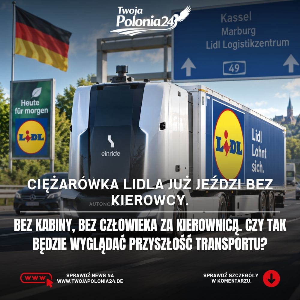 Ciężarówka Lidla bez kierowcy jeździ po publicznej drodze w Niemczech w ramach projektu autonomicznego transportu
