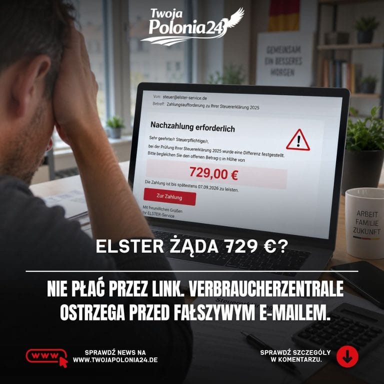 Fałszywy e-mail ELSTER z żądaniem dopłaty 729 euro za podatek 2025