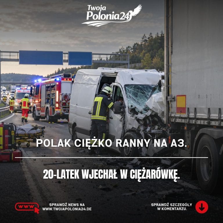Polak ciężko ranny na A3 po zderzeniu samochodu dostawczego z ciężarówką