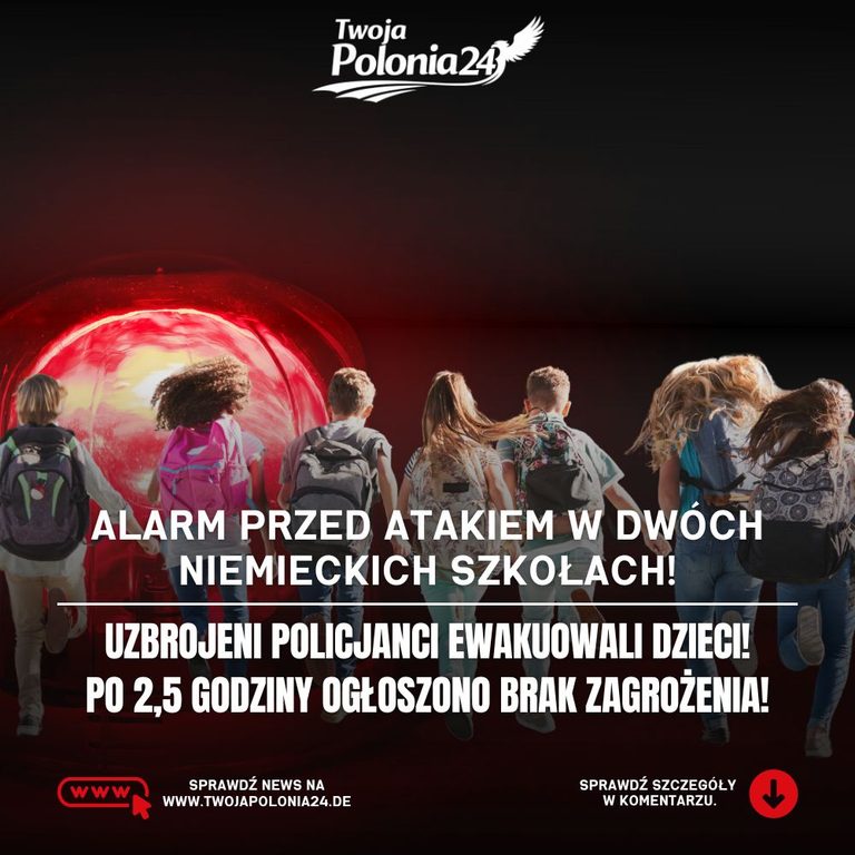 Alarm w szkołach w Wuppertalu – ilustracja uzbrojonych policjantów przed niemiecką szkołą podczas ewakuacji uczniów po zgłoszeniu zagrożenia.