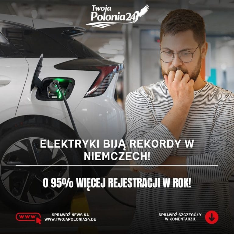 Auta elektryczne w Niemczech – nowoczesne samochody elektryczne w niemieckim salonie, ilustracja wzrostu rejestracji o 95 procent.