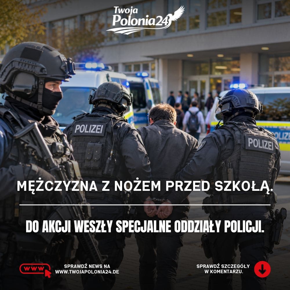 Mężczyzna z nożem przed szkołą w Dreźnie i akcja policji