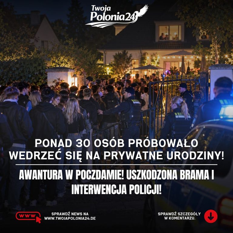 Nieproszeni goście w Poczdamie – ilustracja policyjnej interwencji przed prywatnym domem, gdzie ponad 30 osób próbowało wejść na przyjęcie urodzinowe.