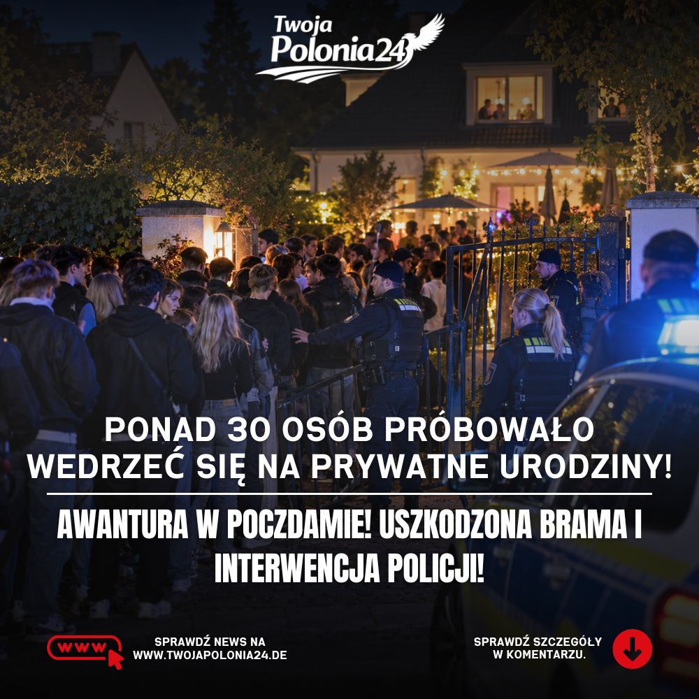 Nieproszeni goście w Poczdamie – ilustracja policyjnej interwencji przed prywatnym domem, gdzie ponad 30 osób próbowało wejść na przyjęcie urodzinowe.