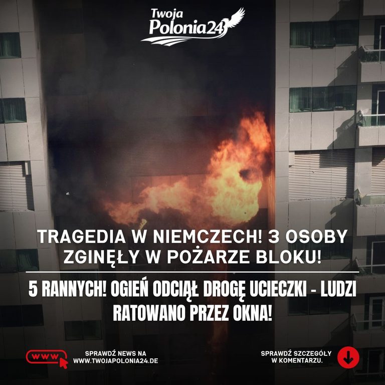 Pożar w Bochum w Niemczech – ilustracja dramatycznej akcji straży pożarnej przy płonącym budynku wielorodzinnym, w którym zginęły trzy osoby.