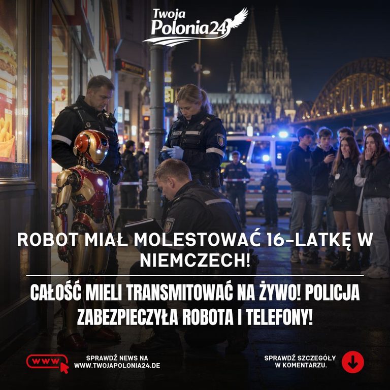 Robot miał molestować 16-latkę w Kolonii – grafika ilustracyjna przedstawiająca czerwono-złotego robota humanoidalnego oraz interwencję niemieckiej policji.