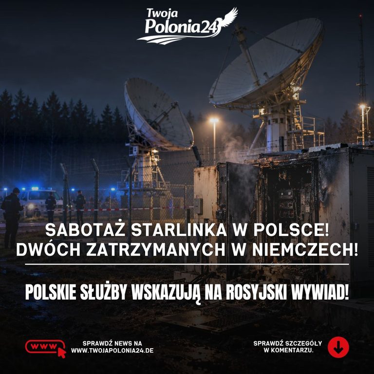 Sabotaż stacji Starlink w Polsce – ilustracja infrastruktury łączności satelitarnej na Mazowszu, w sprawie której zatrzymano dwóch podejrzanych w Niemczech.