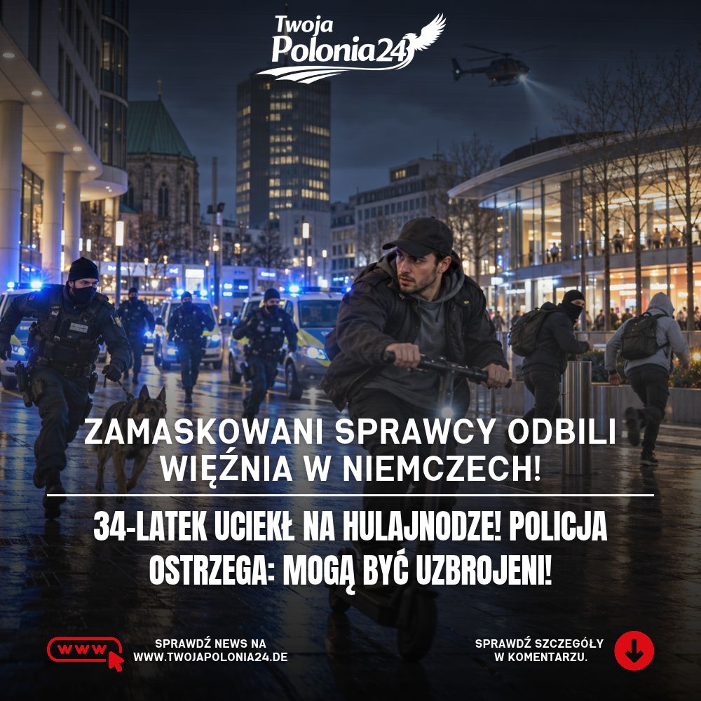 Ucieczka więźnia w Essen – 34-letni aresztant uciekający na hulajnodze elektrycznej po ataku na eskortę. Grafika ilustracyjna.