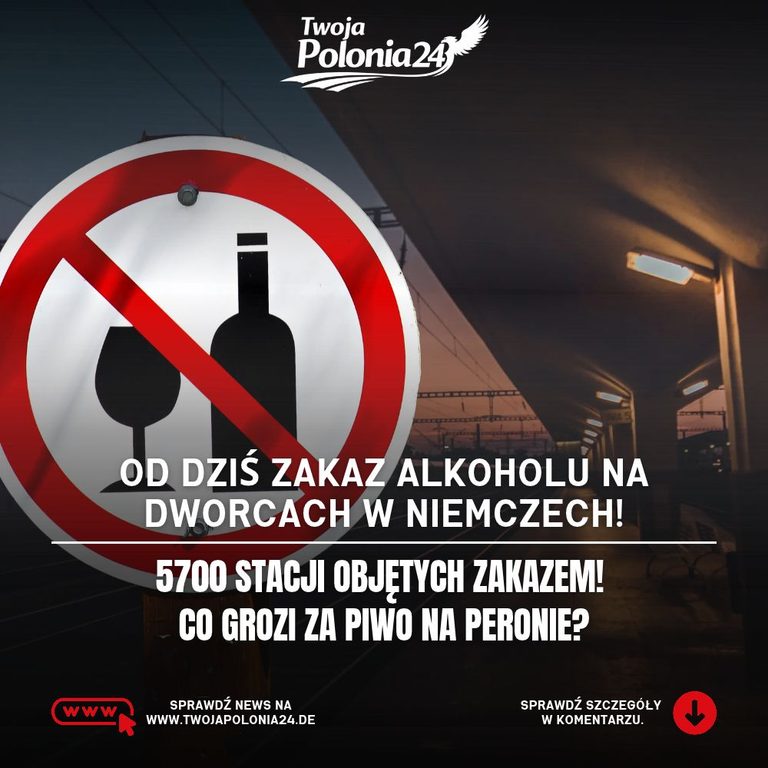 Zakaz alkoholu na dworcach w Niemczech od 15 października 2026 roku – ilustracja peronu Deutsche Bahn, tablicy zakazu spożywania alkoholu oraz patrolu ochrony.